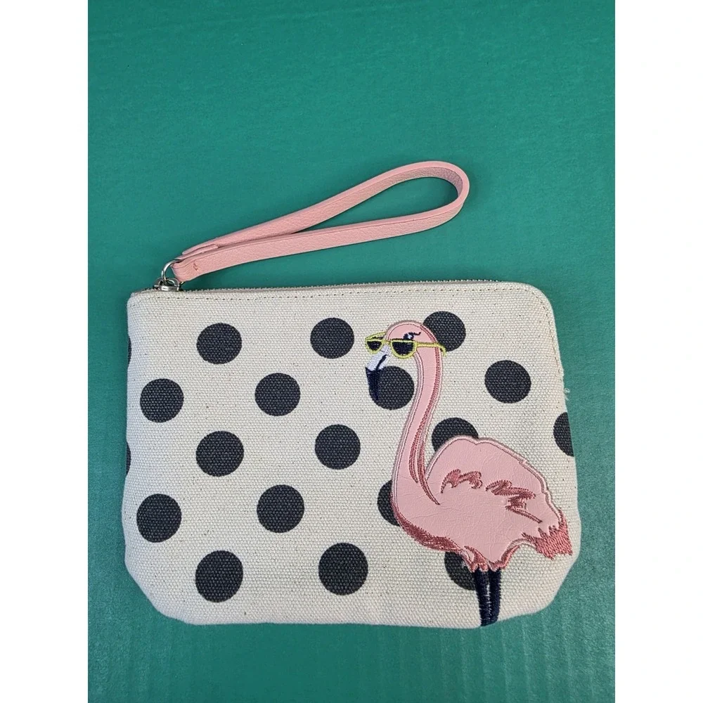 Old Navy Polka Dot Flamingo Wristlet Canvas Wallet Zips‎ With Loop Strap